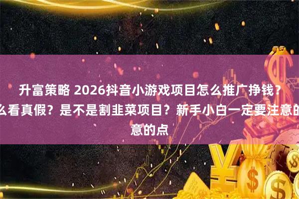 升富策略 2026抖音小游戏项目怎么推广挣钱？怎么看真假？是不是割韭菜项目？新手小白一定要注意的点